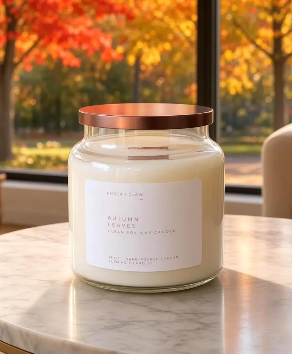 Autumn Leaves soy candle in a glass apothecary jar with a copper lid
