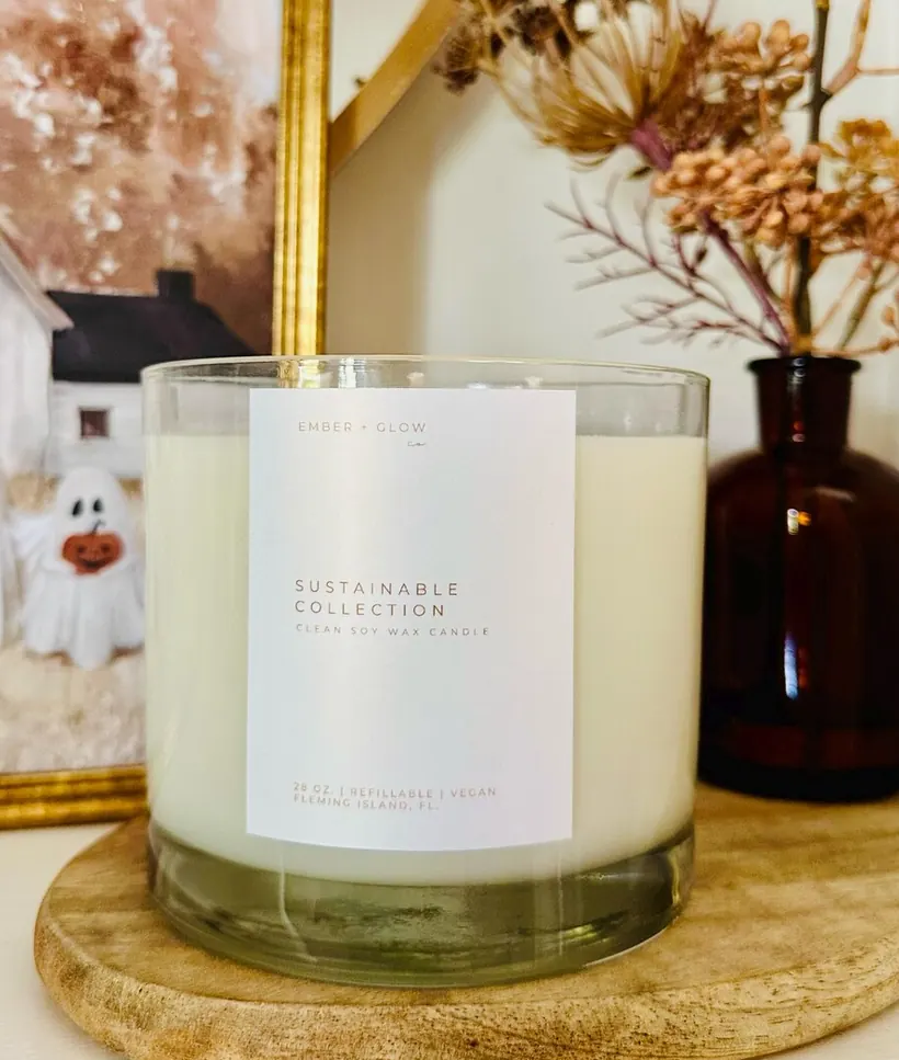 Luxe 28 ounce clean soy candle in a clear glass vessel